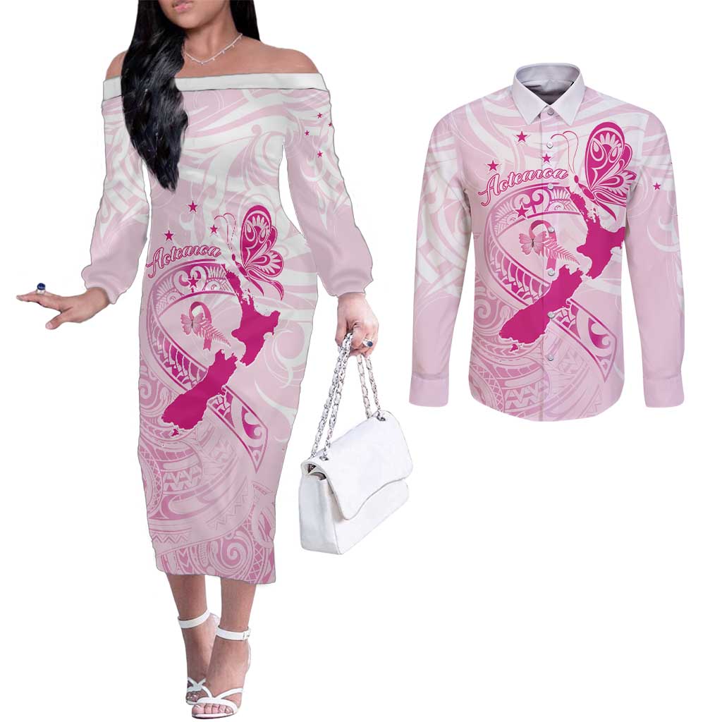 Personalised Aotearoa Breast Cancer Couples Matching Off The Shoulder Long Sleeve Dress and Long Sleeve Button Shirt New Zealand Maori Pattern LT01 Pink - Polynesian Pride