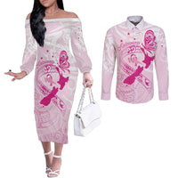 Personalised Aotearoa Breast Cancer Couples Matching Off The Shoulder Long Sleeve Dress and Long Sleeve Button Shirt New Zealand Maori Pattern LT01 Pink - Polynesian Pride