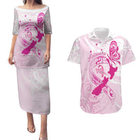 Personalised Aotearoa Breast Cancer Couples Matching Puletasi and Hawaiian Shirt New Zealand Maori Pattern LT01 Pink - Polynesian Pride