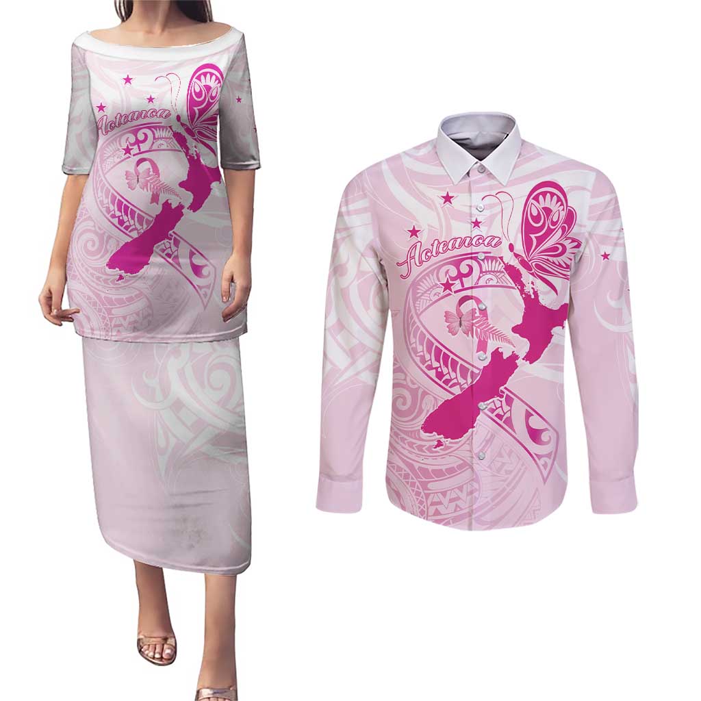 Personalised Aotearoa Breast Cancer Couples Matching Puletasi and Long Sleeve Button Shirt New Zealand Maori Pattern LT01 Pink - Polynesian Pride