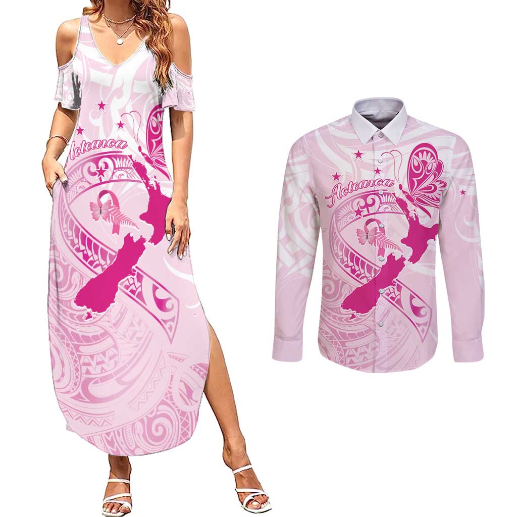 Personalised Aotearoa Breast Cancer Couples Matching Summer Maxi Dress and Long Sleeve Button Shirt New Zealand Maori Pattern LT01 Pink - Polynesian Pride