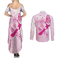 Personalised Aotearoa Breast Cancer Couples Matching Summer Maxi Dress and Long Sleeve Button Shirt New Zealand Maori Pattern LT01 - Polynesian Pride