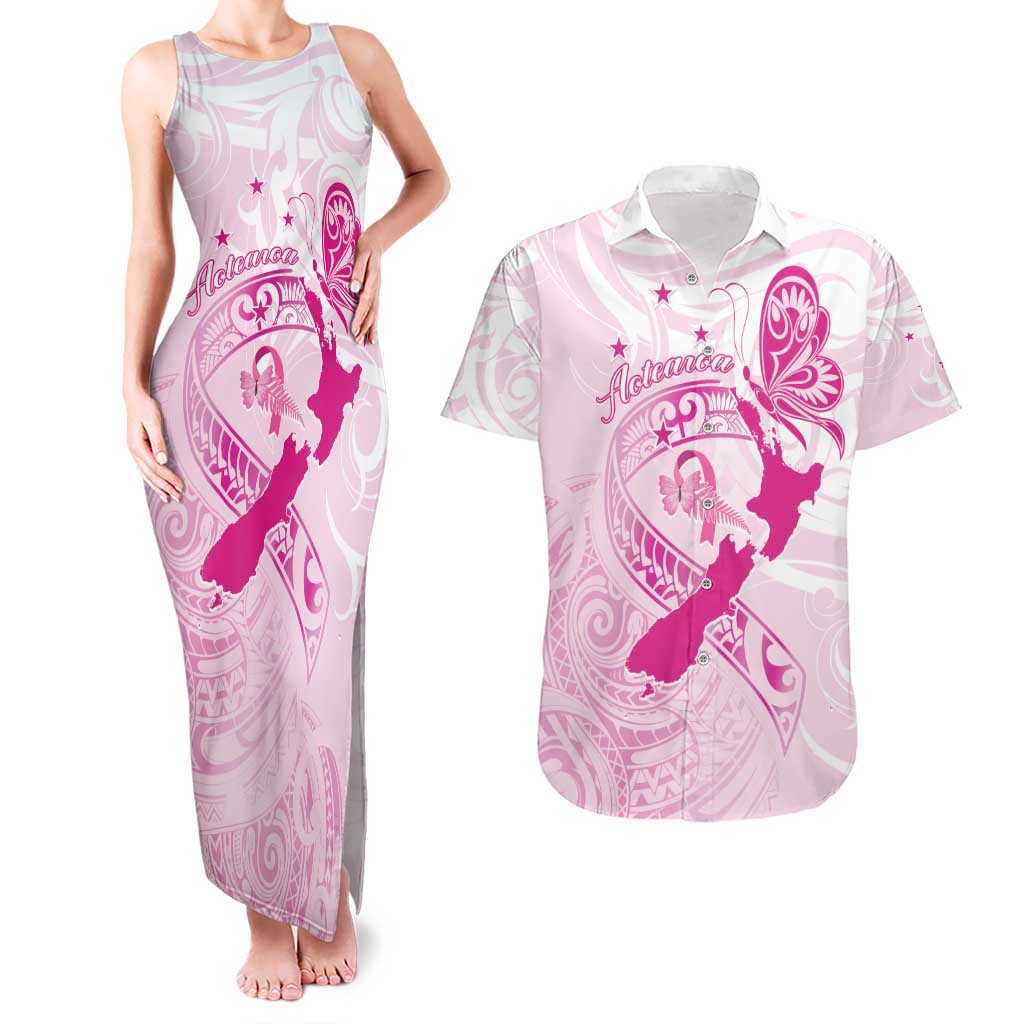 Personalised Aotearoa Breast Cancer Couples Matching Tank Maxi Dress and Hawaiian Shirt New Zealand Maori Pattern LT01 Pink - Polynesian Pride