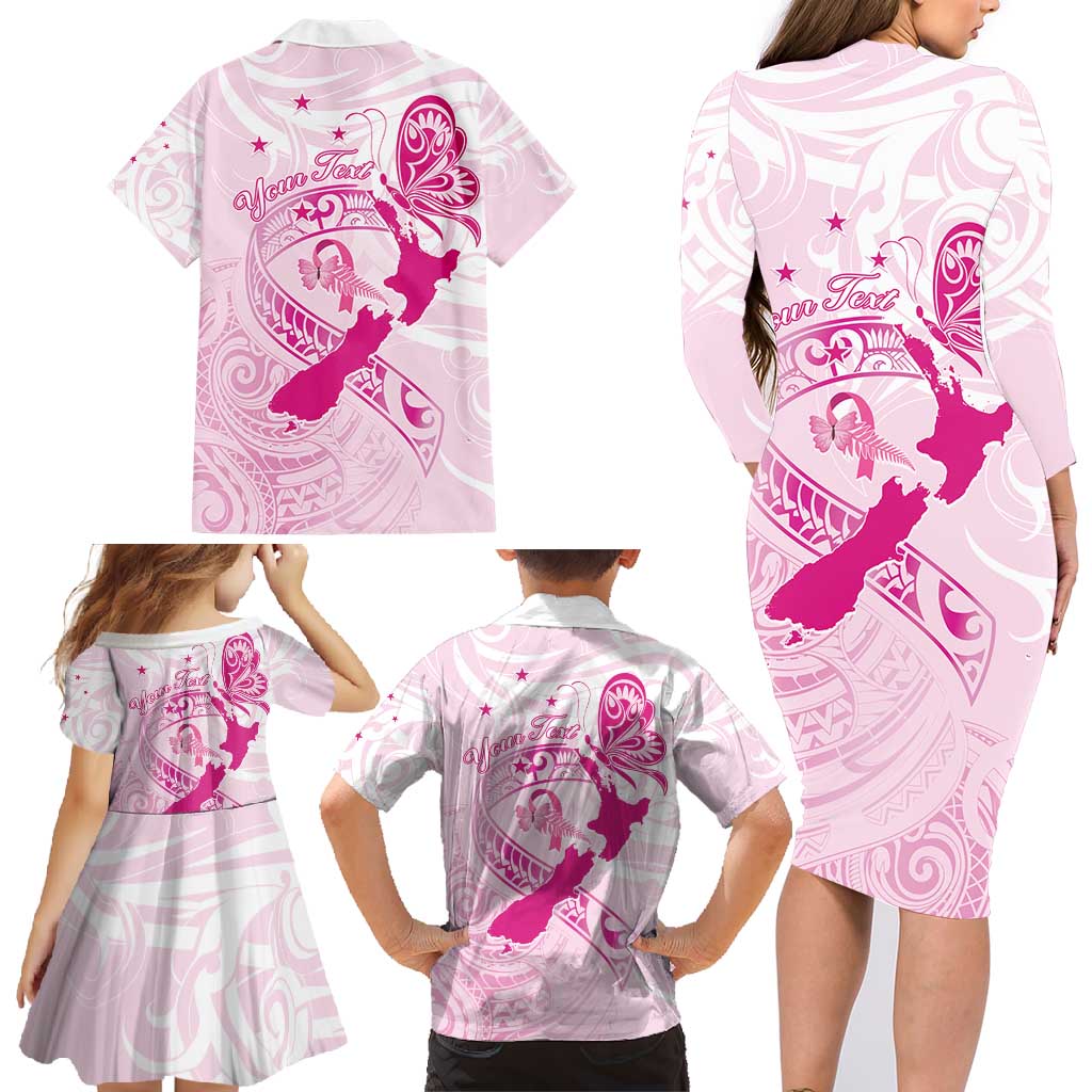 Personalised Aotearoa Breast Cancer Family Matching Long Sleeve Bodycon Dress and Hawaiian Shirt New Zealand Maori Pattern LT01 - Polynesian Pride