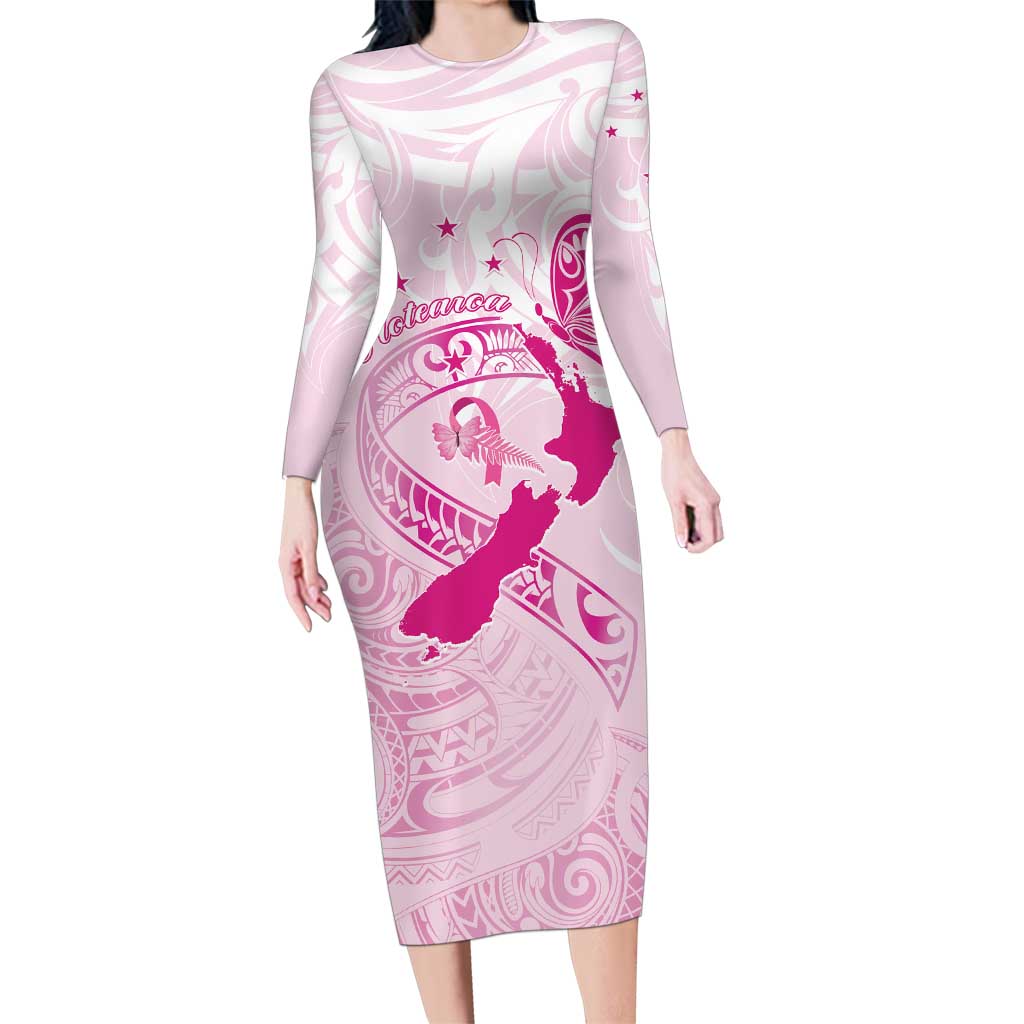 Personalised Aotearoa Breast Cancer Family Matching Long Sleeve Bodycon Dress and Hawaiian Shirt New Zealand Maori Pattern LT01 Mom's Dress Pink - Polynesian Pride