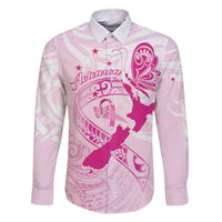 Personalised Aotearoa Breast Cancer Family Matching Off The Shoulder Long Sleeve Dress and Hawaiian Shirt New Zealand Maori Pattern LT01 Dad's Shirt - Long Sleeve Pink - Polynesian Pride