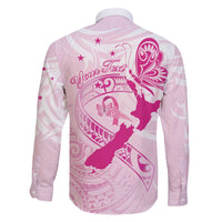 Personalised Aotearoa Breast Cancer Family Matching Off The Shoulder Long Sleeve Dress and Hawaiian Shirt New Zealand Maori Pattern LT01 - Polynesian Pride