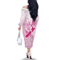 Personalised Aotearoa Breast Cancer Family Matching Off The Shoulder Long Sleeve Dress and Hawaiian Shirt New Zealand Maori Pattern LT01 - Polynesian Pride