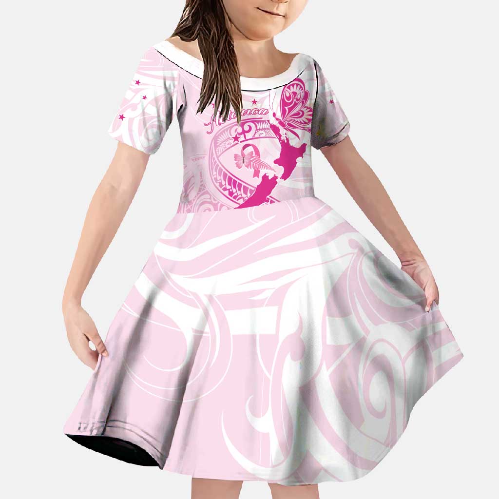 Personalised Aotearoa Breast Cancer Family Matching Off Shoulder Maxi Dress and Hawaiian Shirt New Zealand Maori Pattern LT01 Daughter's Dress Pink - Polynesian Pride
