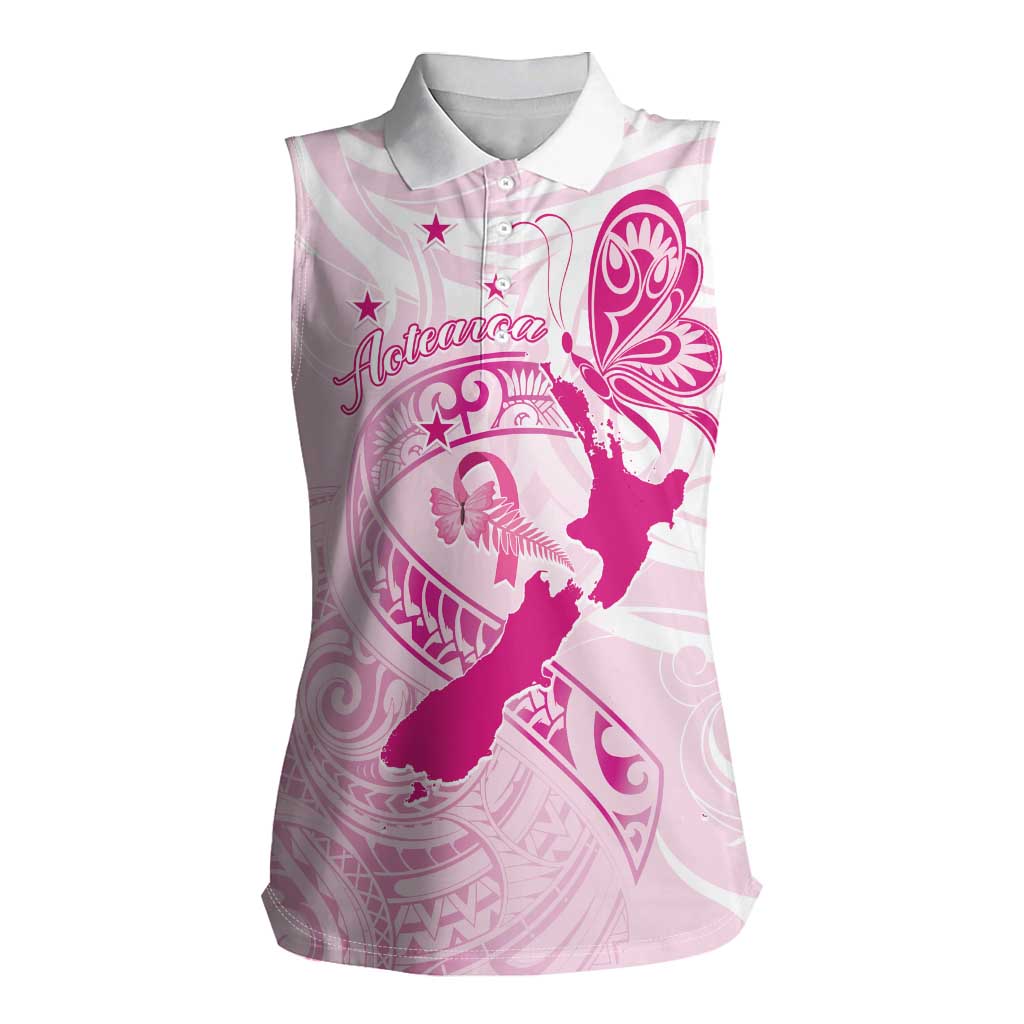 Personalised Aotearoa Breast Cancer Women Sleeveless Polo Shirt New Zealand Maori Pattern LT01 Female Pink - Polynesian Pride