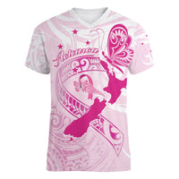 Personalised Aotearoa Breast Cancer Women V-Neck T-Shirt New Zealand Maori Pattern LT01 Female Pink - Polynesian Pride