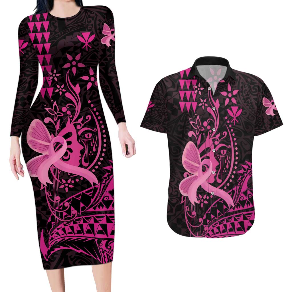 Hawaii Breast Cancer Couples Matching Long Sleeve Bodycon Dress and Hawaiian Shirt Girl Floral Kakau Pattern LT01 Pink - Polynesian Pride