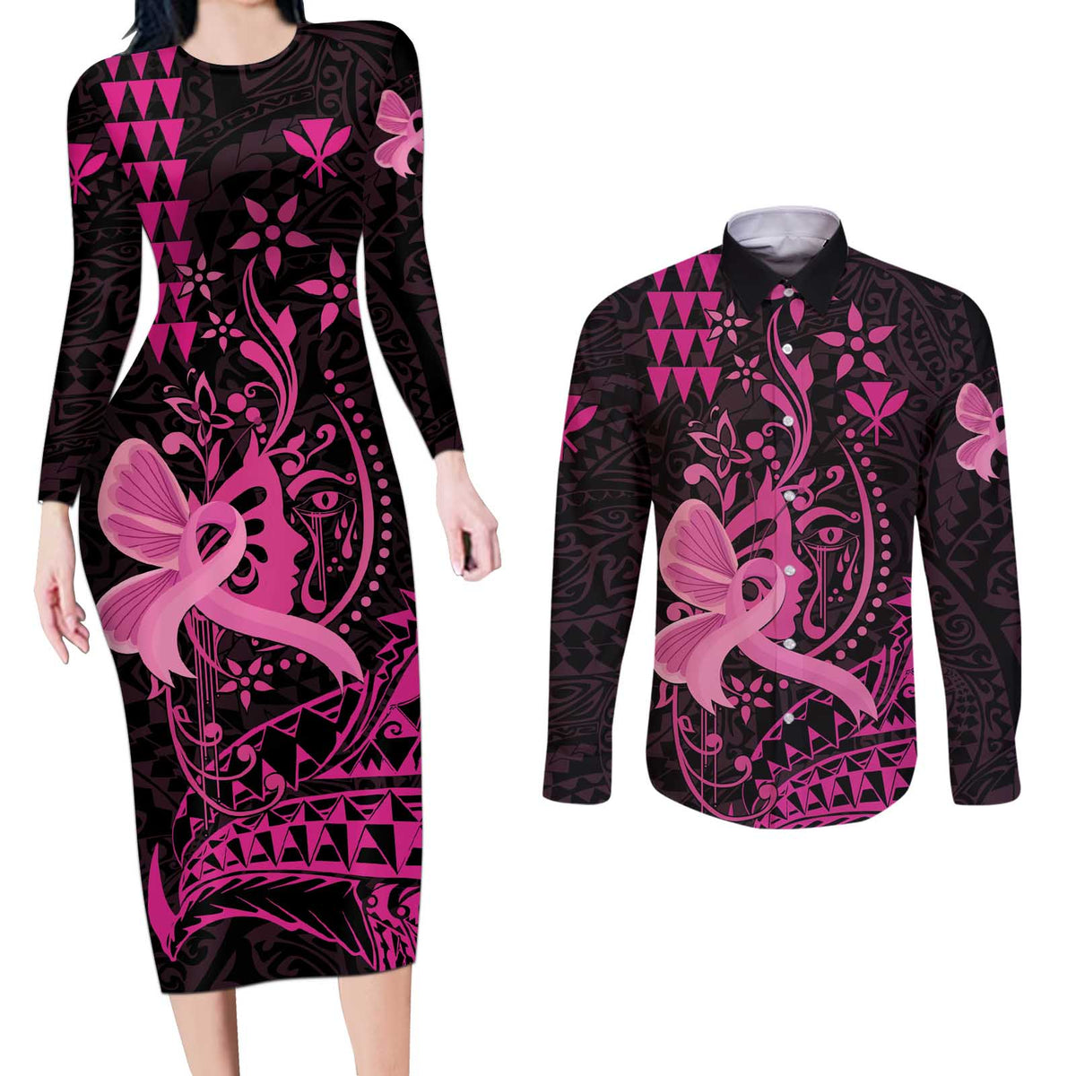 Hawaii Breast Cancer Couples Matching Long Sleeve Bodycon Dress and Long Sleeve Button Shirt Girl Floral Kakau Pattern