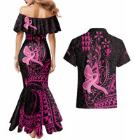Hawaii Breast Cancer Couples Matching Mermaid Dress and Hawaiian Shirt Girl Floral Kakau Pattern LT01 - Polynesian Pride