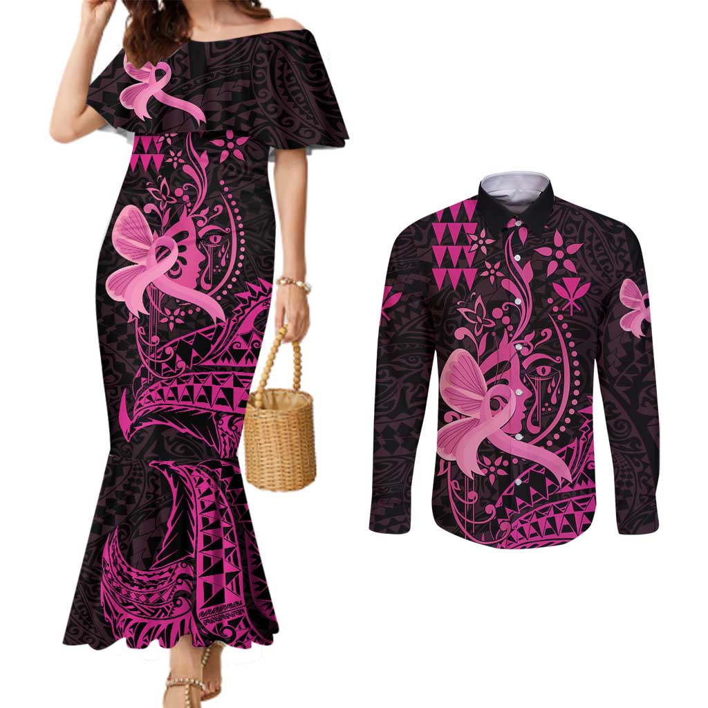 Hawaii Breast Cancer Couples Matching Mermaid Dress and Long Sleeve Button Shirt Girl Floral Kakau Pattern