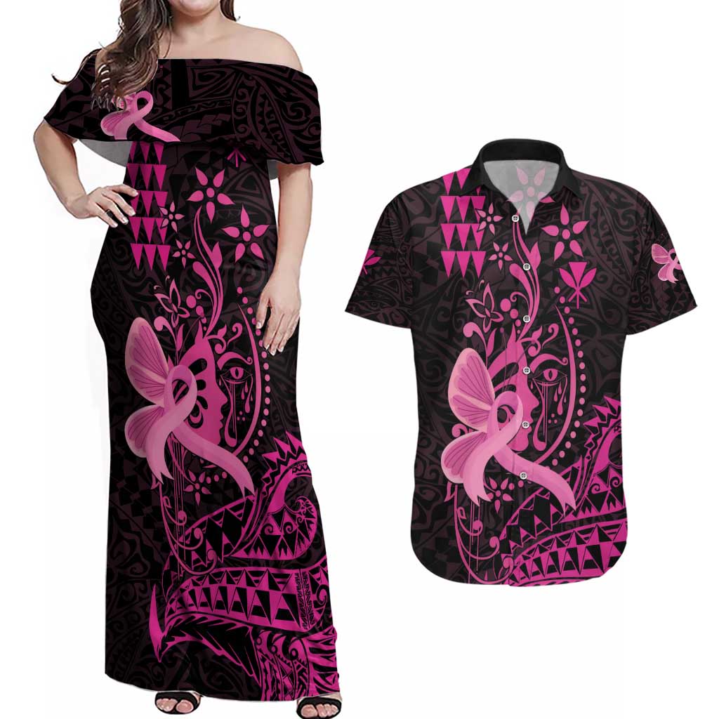 Hawaii Breast Cancer Couples Matching Off Shoulder Maxi Dress and Hawaiian Shirt Girl Floral Kakau Pattern LT01 Pink - Polynesian Pride