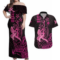 Hawaii Breast Cancer Couples Matching Off Shoulder Maxi Dress and Hawaiian Shirt Girl Floral Kakau Pattern LT01 Pink - Polynesian Pride
