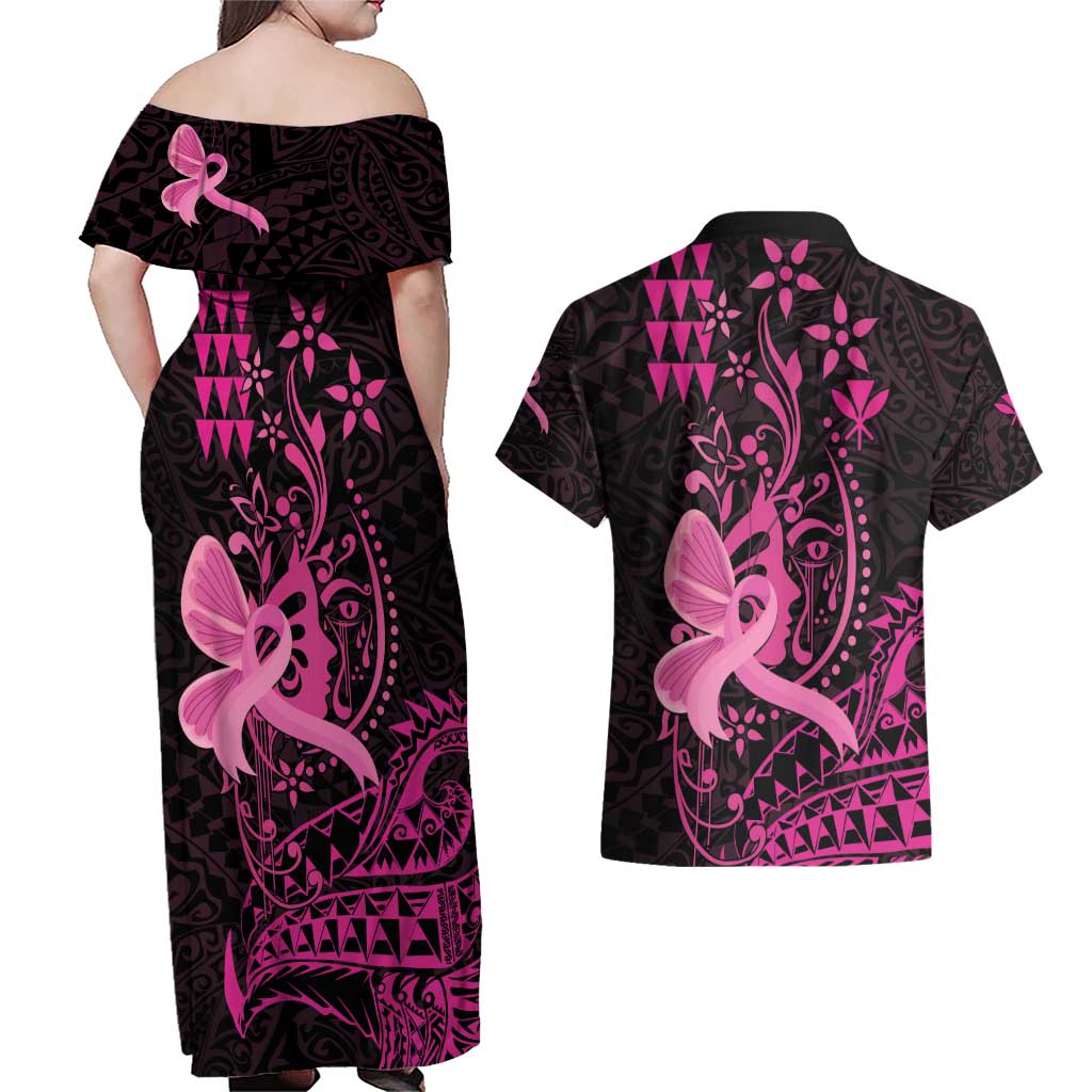 Hawaii Breast Cancer Couples Matching Off Shoulder Maxi Dress and Hawaiian Shirt Girl Floral Kakau Pattern LT01 - Polynesian Pride