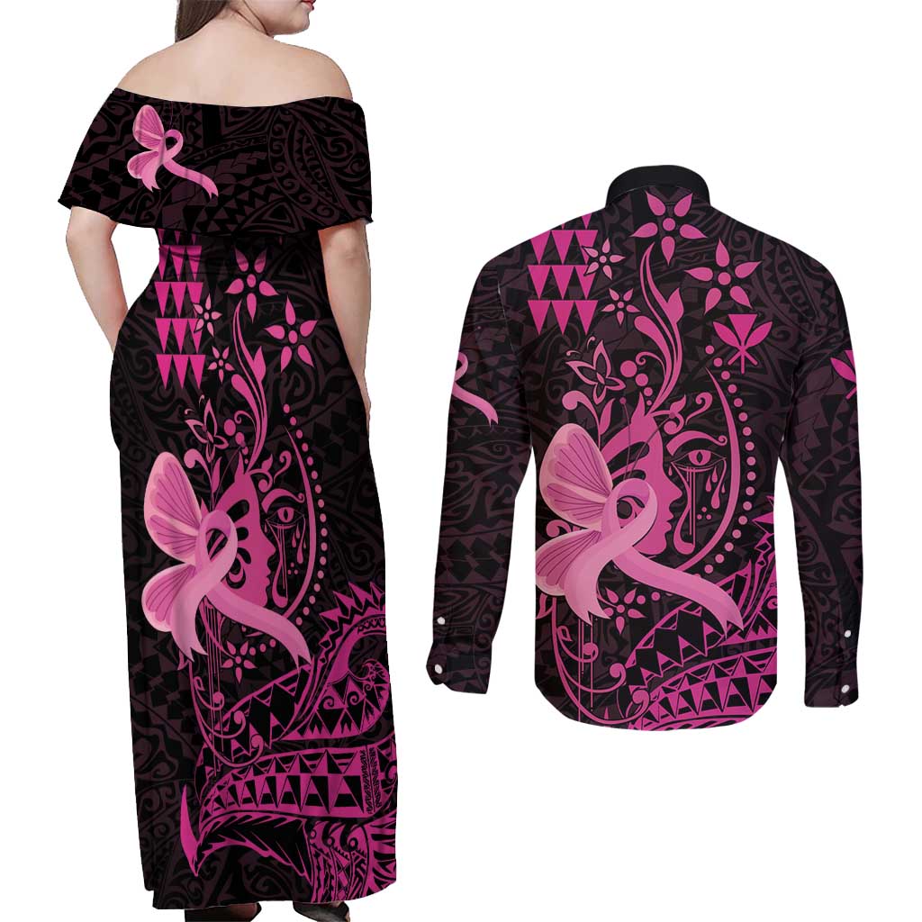 Hawaii Breast Cancer Couples Matching Off Shoulder Maxi Dress and Long Sleeve Button Shirt Girl Floral Kakau Pattern