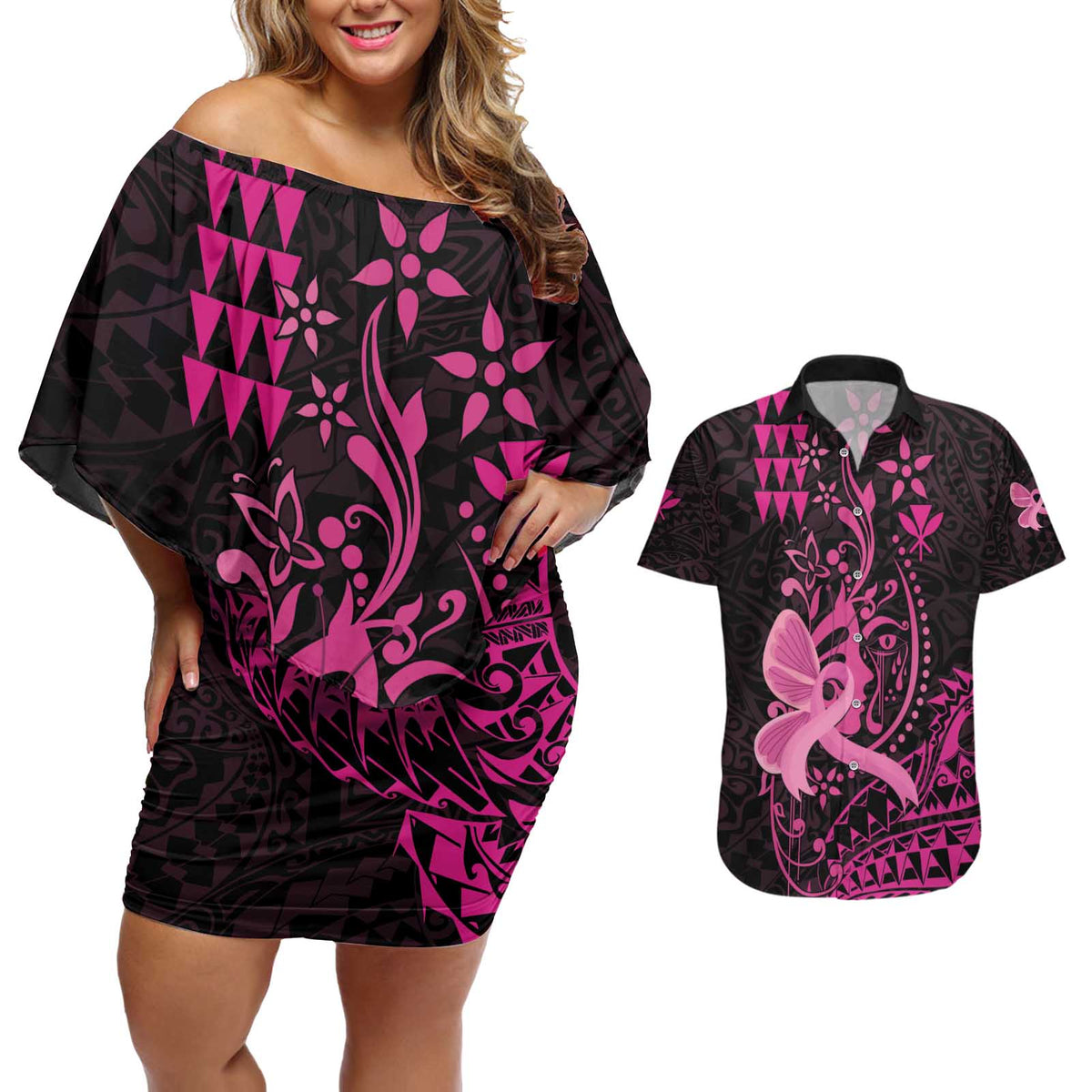 Hawaii Breast Cancer Couples Matching Off Shoulder Short Dress and Hawaiian Shirt Girl Floral Kakau Pattern