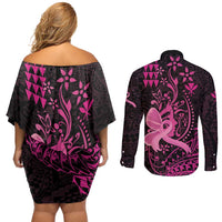 Hawaii Breast Cancer Couples Matching Off Shoulder Short Dress and Long Sleeve Button Shirt Girl Floral Kakau Pattern
