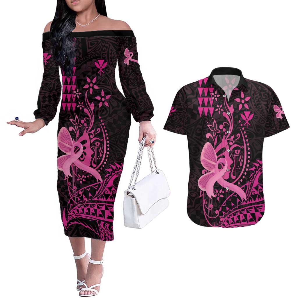 Hawaii Breast Cancer Couples Matching Off The Shoulder Long Sleeve Dress and Hawaiian Shirt Girl Floral Kakau Pattern