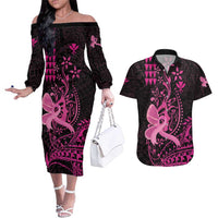 Hawaii Breast Cancer Couples Matching Off The Shoulder Long Sleeve Dress and Hawaiian Shirt Girl Floral Kakau Pattern