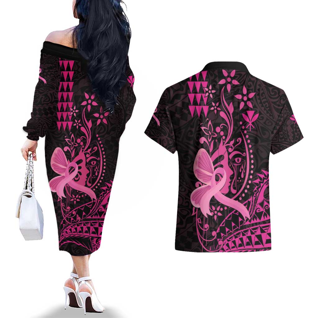 Hawaii Breast Cancer Couples Matching Off The Shoulder Long Sleeve Dress and Hawaiian Shirt Girl Floral Kakau Pattern