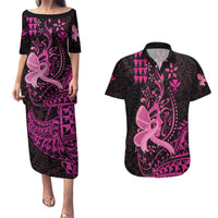 Hawaii Breast Cancer Couples Matching Puletasi and Hawaiian Shirt Girl Floral Kakau Pattern LT01 Pink - Polynesian Pride