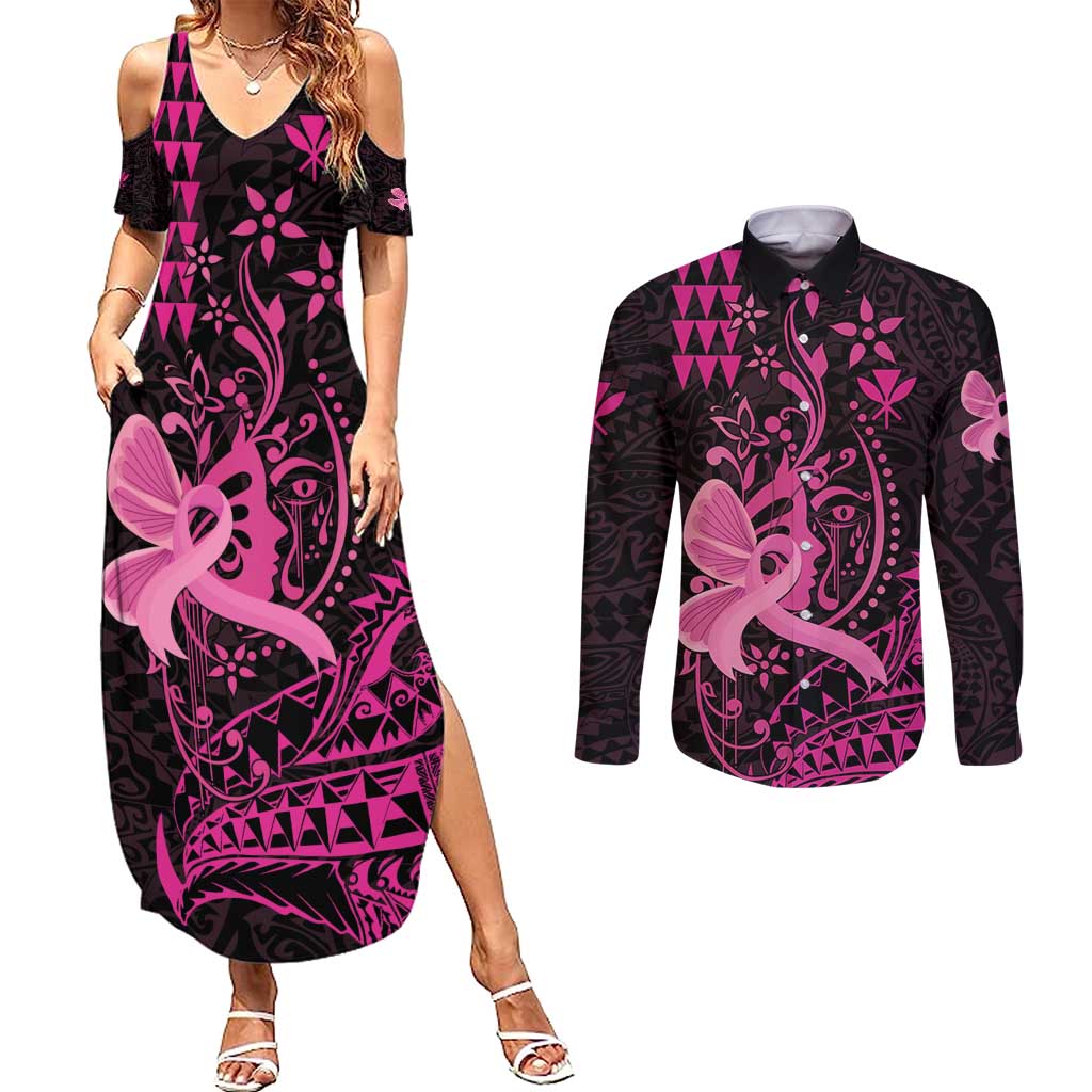 Hawaii Breast Cancer Couples Matching Summer Maxi Dress and Long Sleeve Button Shirt Girl Floral Kakau Pattern