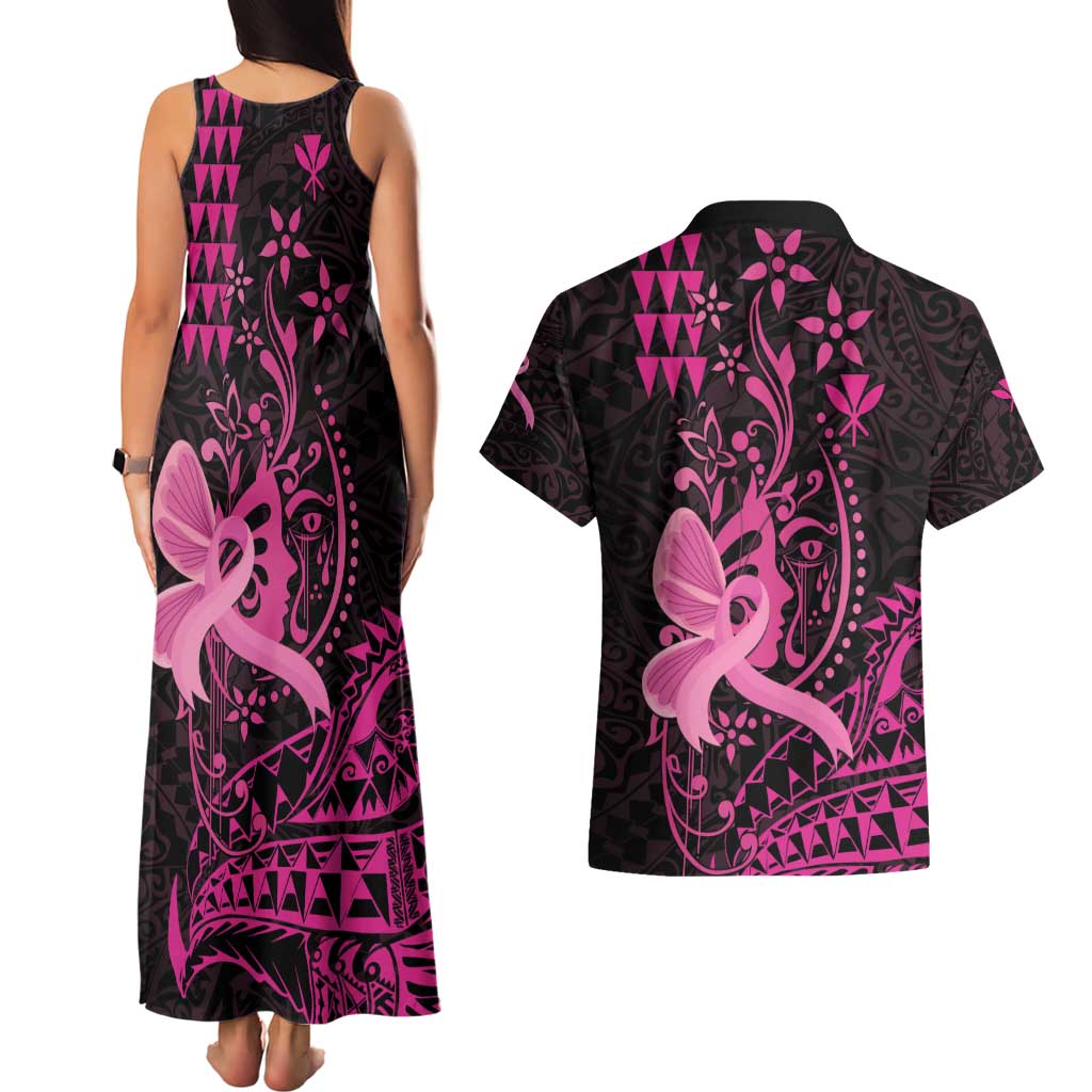 Hawaii Breast Cancer Couples Matching Tank Maxi Dress and Hawaiian Shirt Girl Floral Kakau Pattern