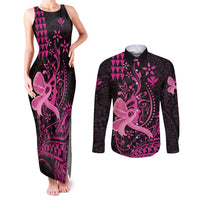 Hawaii Breast Cancer Couples Matching Tank Maxi Dress and Long Sleeve Button Shirt Girl Floral Kakau Pattern