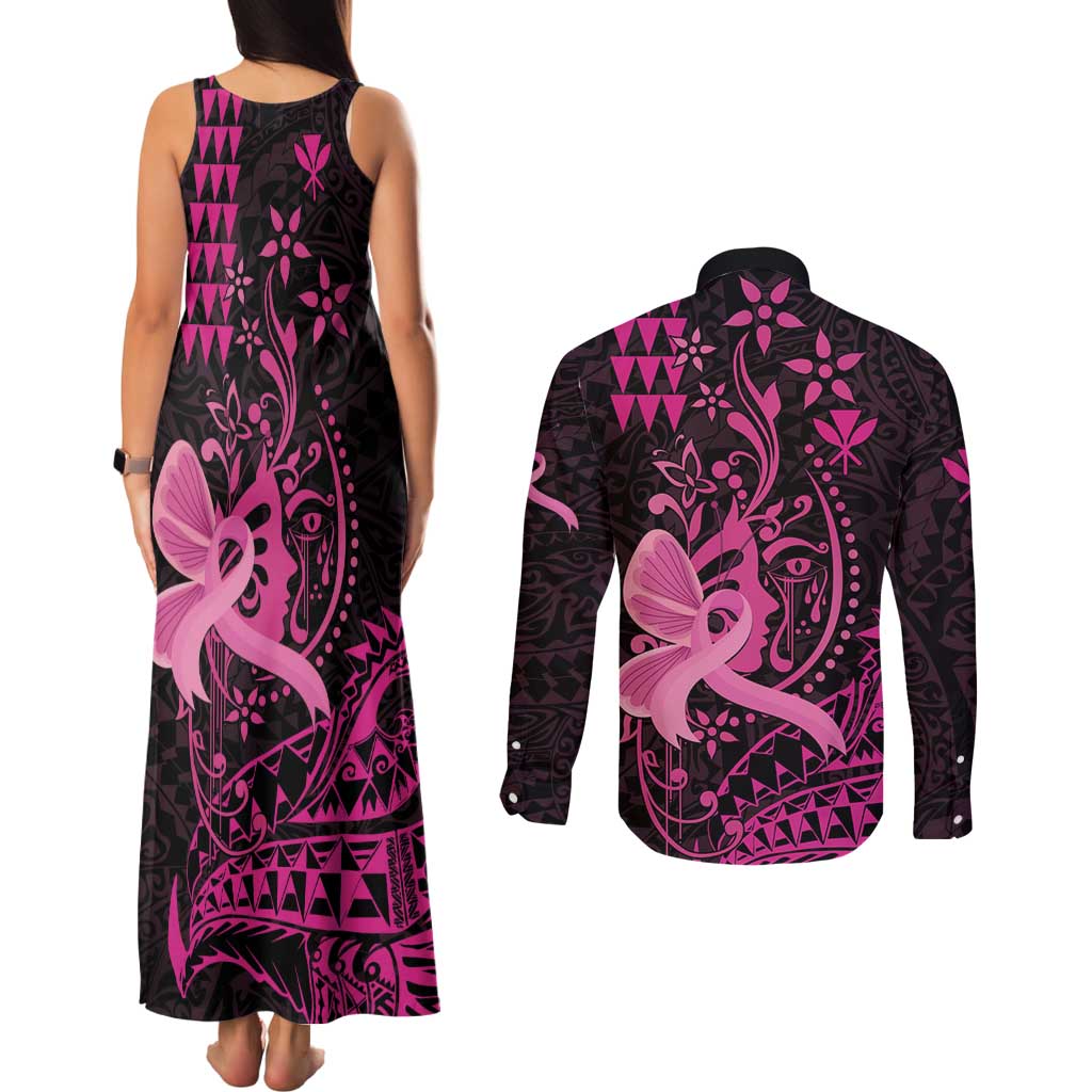 Hawaii Breast Cancer Couples Matching Tank Maxi Dress and Long Sleeve Button Shirt Girl Floral Kakau Pattern