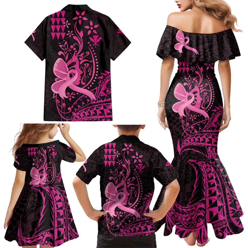 Hawaii Breast Cancer Family Matching Mermaid Dress and Hawaiian Shirt Girl Floral Kakau Pattern LT01 - Polynesian Pride