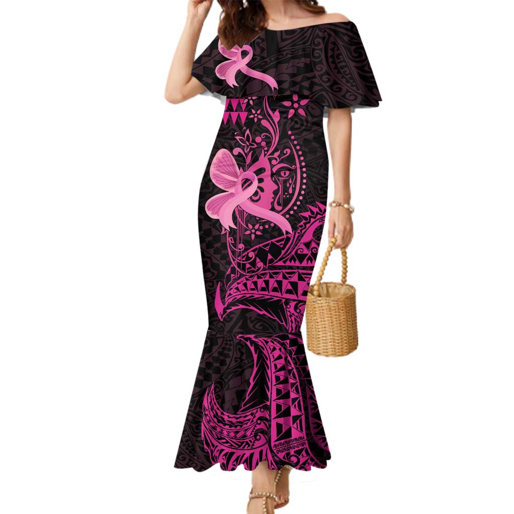 Hawaii Breast Cancer Family Matching Mermaid Dress and Hawaiian Shirt Girl Floral Kakau Pattern LT01 Mom's Dress Pink - Polynesian Pride