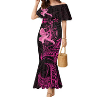 Hawaii Breast Cancer Family Matching Mermaid Dress and Hawaiian Shirt Girl Floral Kakau Pattern LT01 Mom's Dress Pink - Polynesian Pride