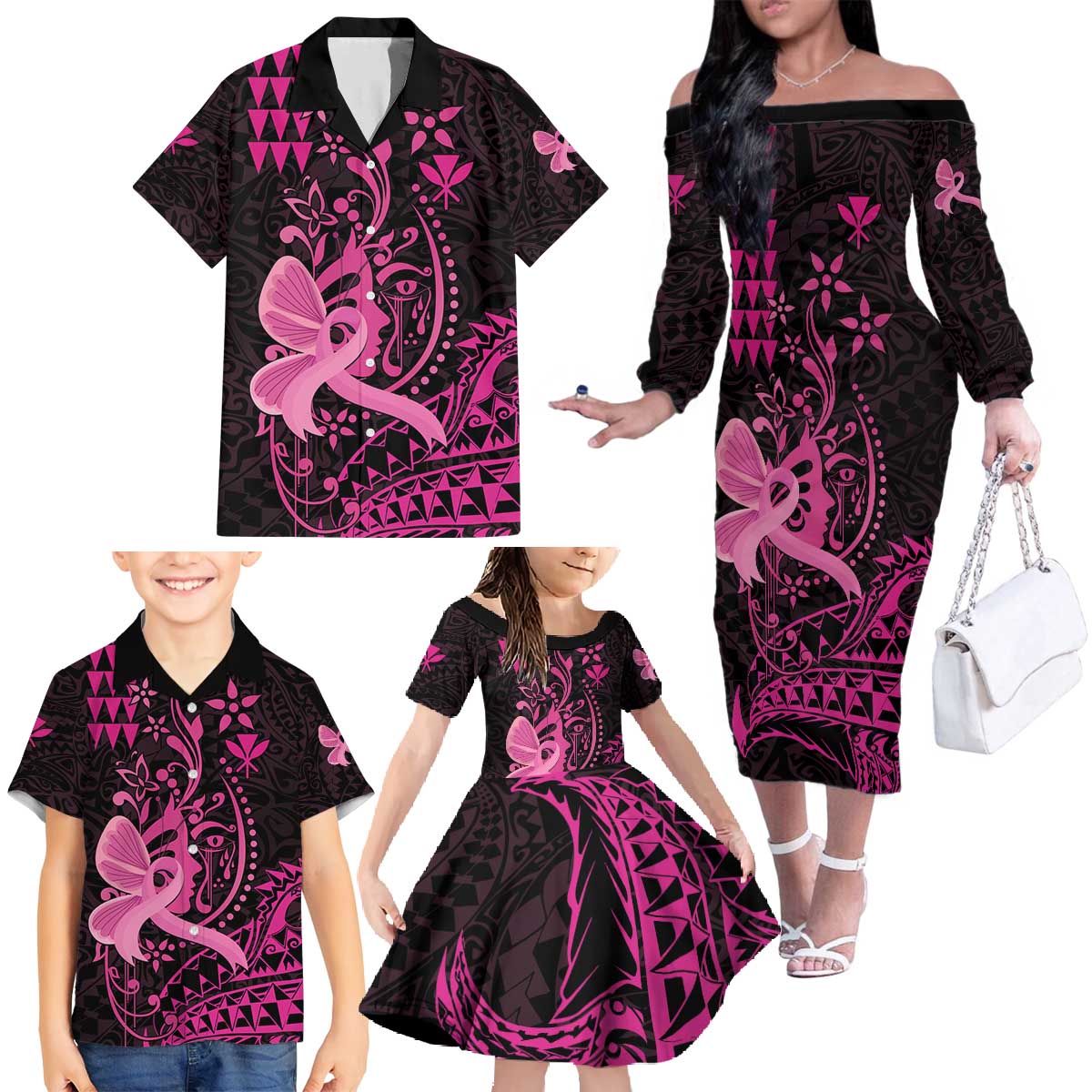 Hawaii Breast Cancer Family Matching Off The Shoulder Long Sleeve Dress and Hawaiian Shirt Girl Floral Kakau Pattern LT01 - Polynesian Pride