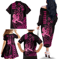 Hawaii Breast Cancer Family Matching Off The Shoulder Long Sleeve Dress and Hawaiian Shirt Girl Floral Kakau Pattern LT01 - Polynesian Pride