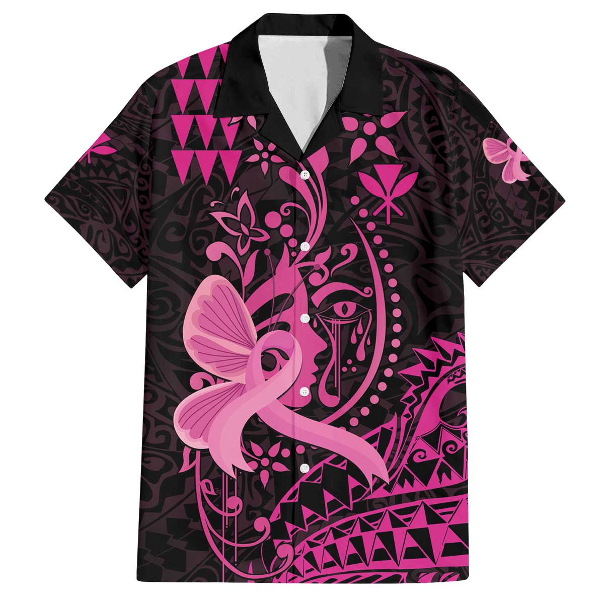Hawaii Breast Cancer Family Matching Off The Shoulder Long Sleeve Dress and Hawaiian Shirt Girl Floral Kakau Pattern LT01 Dad's Shirt - Short Sleeve Pink - Polynesian Pride