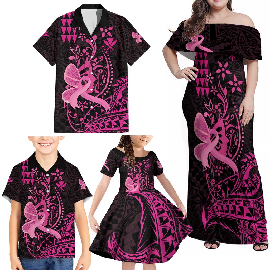 Hawaii Breast Cancer Family Matching Off Shoulder Maxi Dress and Hawaiian Shirt Girl Floral Kakau Pattern LT01 - Polynesian Pride