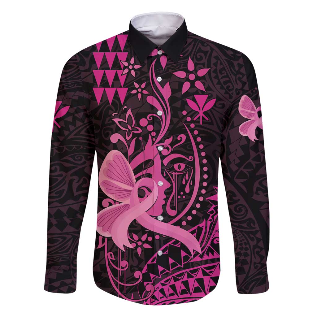 Hawaii Breast Cancer Family Matching Off Shoulder Maxi Dress and Hawaiian Shirt Girl Floral Kakau Pattern LT01 Dad's Shirt - Long Sleeve Pink - Polynesian Pride