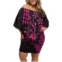 Hawaii Breast Cancer Family Matching Off Shoulder Short Dress and Hawaiian Shirt Girl Floral Kakau Pattern