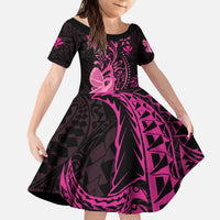 Hawaii Breast Cancer Family Matching Puletasi and Hawaiian Shirt Girl Floral Kakau Pattern LT01 Daughter's Dress Pink - Polynesian Pride