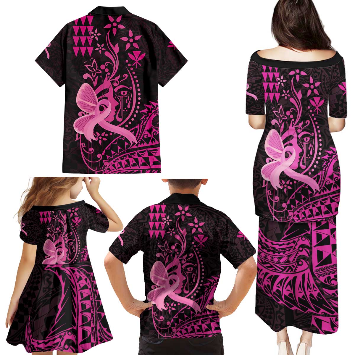 Hawaii Breast Cancer Family Matching Puletasi and Hawaiian Shirt Girl Floral Kakau Pattern LT01 - Polynesian Pride