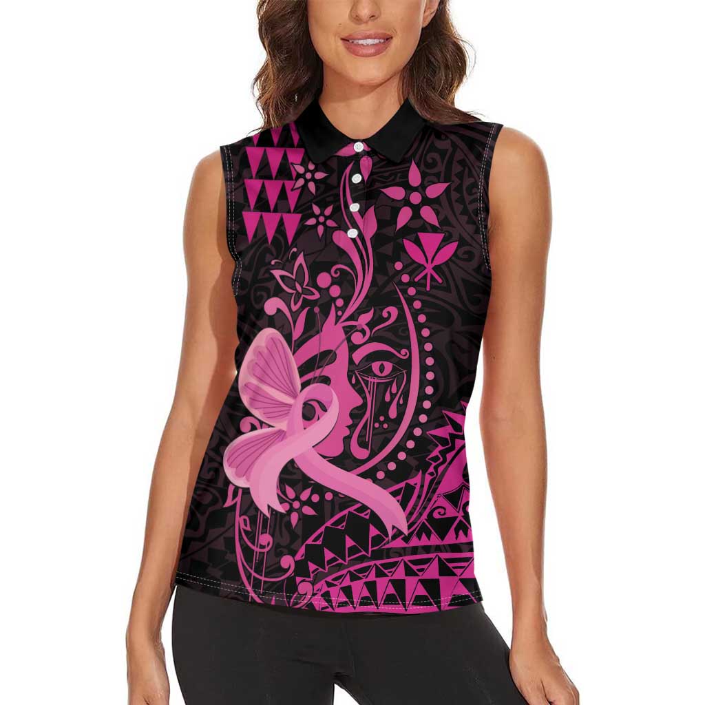 Hawaii Breast Cancer Women Sleeveless Polo Shirt Girl Floral Kakau Pattern LT01 - Polynesian Pride