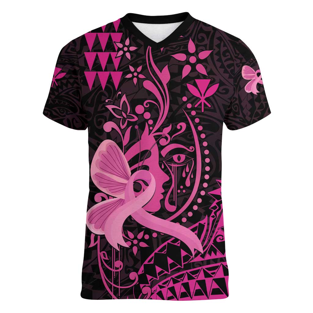 Hawaii Breast Cancer Women V-Neck T-Shirt Girl Floral Kakau Pattern LT01 Female Pink - Polynesian Pride