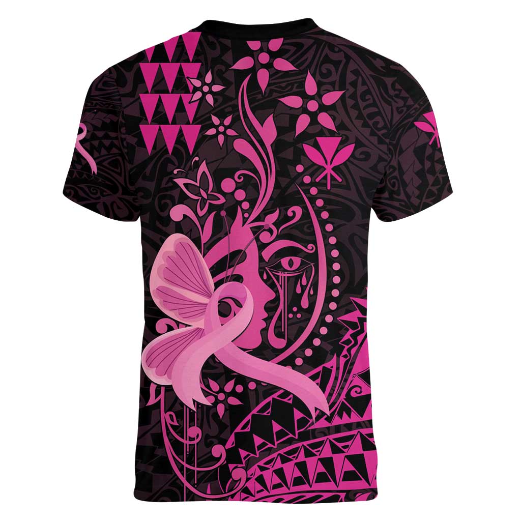 Hawaii Breast Cancer Women V-Neck T-Shirt Girl Floral Kakau Pattern LT01 - Polynesian Pride