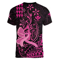 Hawaii Breast Cancer Women V-Neck T-Shirt Girl Floral Kakau Pattern LT01 - Polynesian Pride
