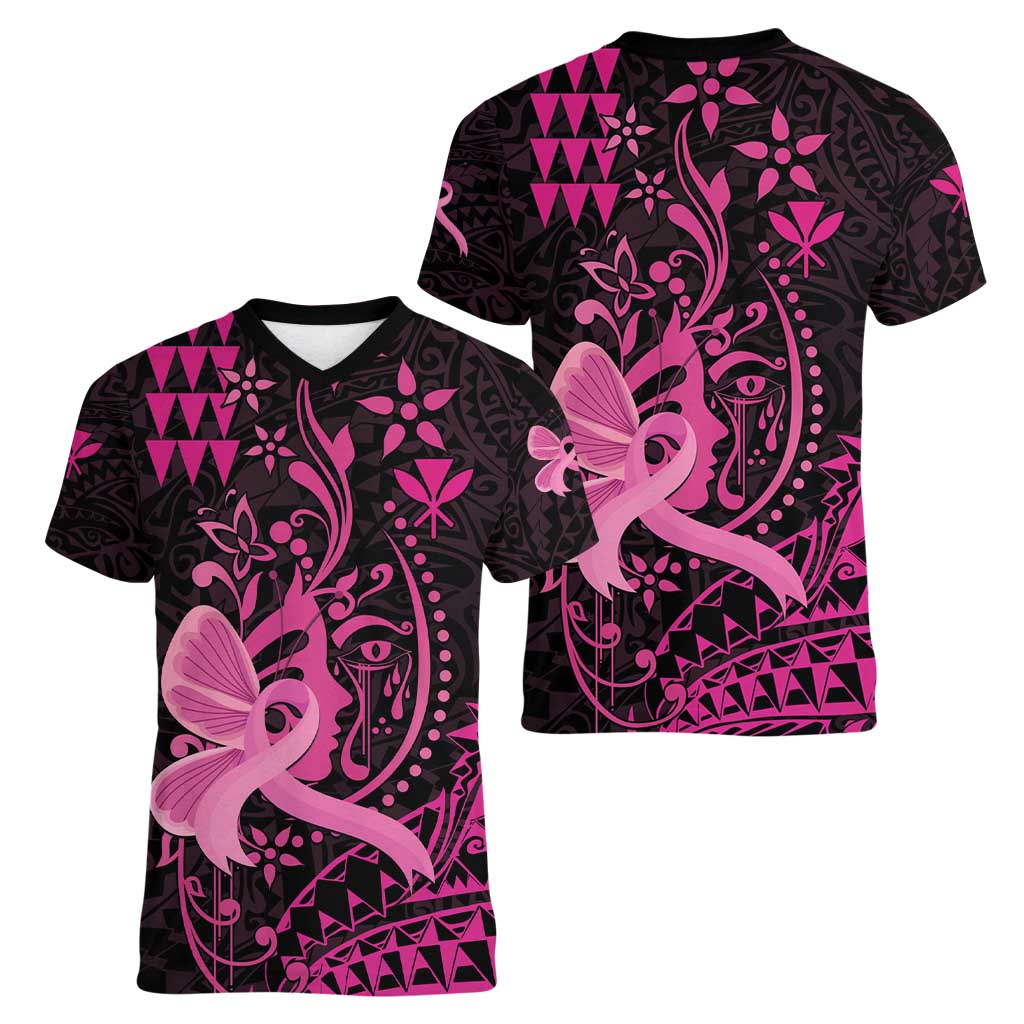 Hawaii Breast Cancer Women V-Neck T-Shirt Girl Floral Kakau Pattern LT01 - Polynesian Pride