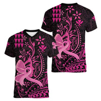Hawaii Breast Cancer Women V-Neck T-Shirt Girl Floral Kakau Pattern LT01 - Polynesian Pride